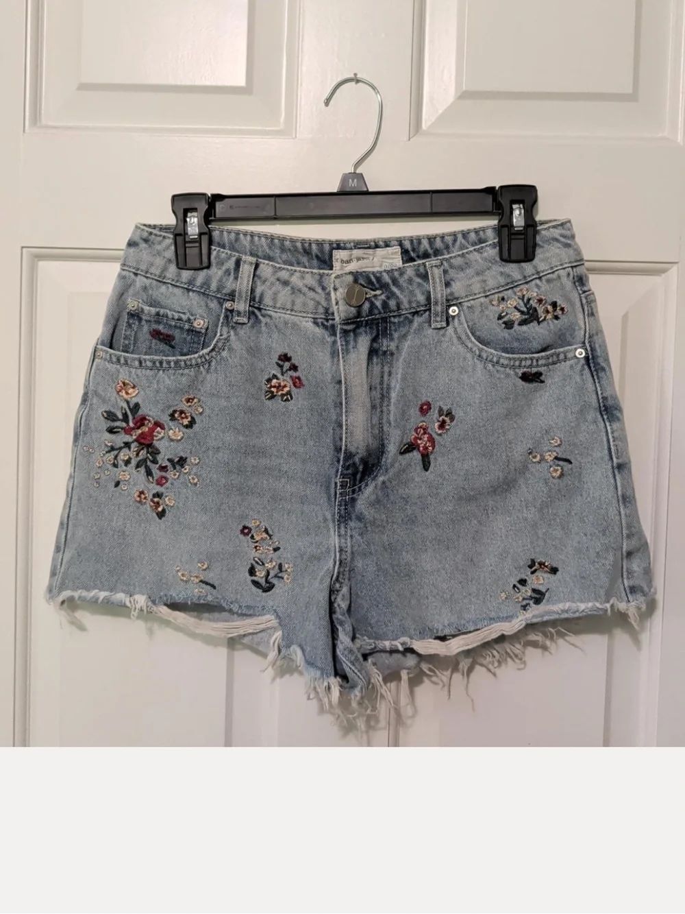 Banjara 23 denim blue distressed front embroidery red green tan floral shorts